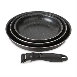 Set 3 Poêles Anti-adhésives Effet Pierre Et Manche Amovible