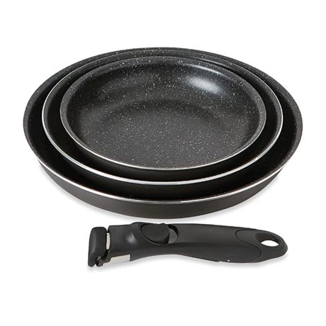 Set 3 Poêles Anti-adhésives Effet Pierre Et Manche Amovible 3 Set 3 Poêles Anti-adhésives Effet Pierre Et Manche Amovible