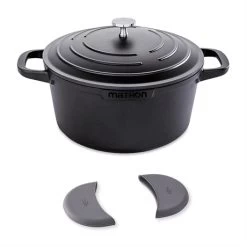 Lot Cocotte Légère Ronde En Fonte D'aluminium 20 Cm Coloris Noir Et Deux Maniques Silicone